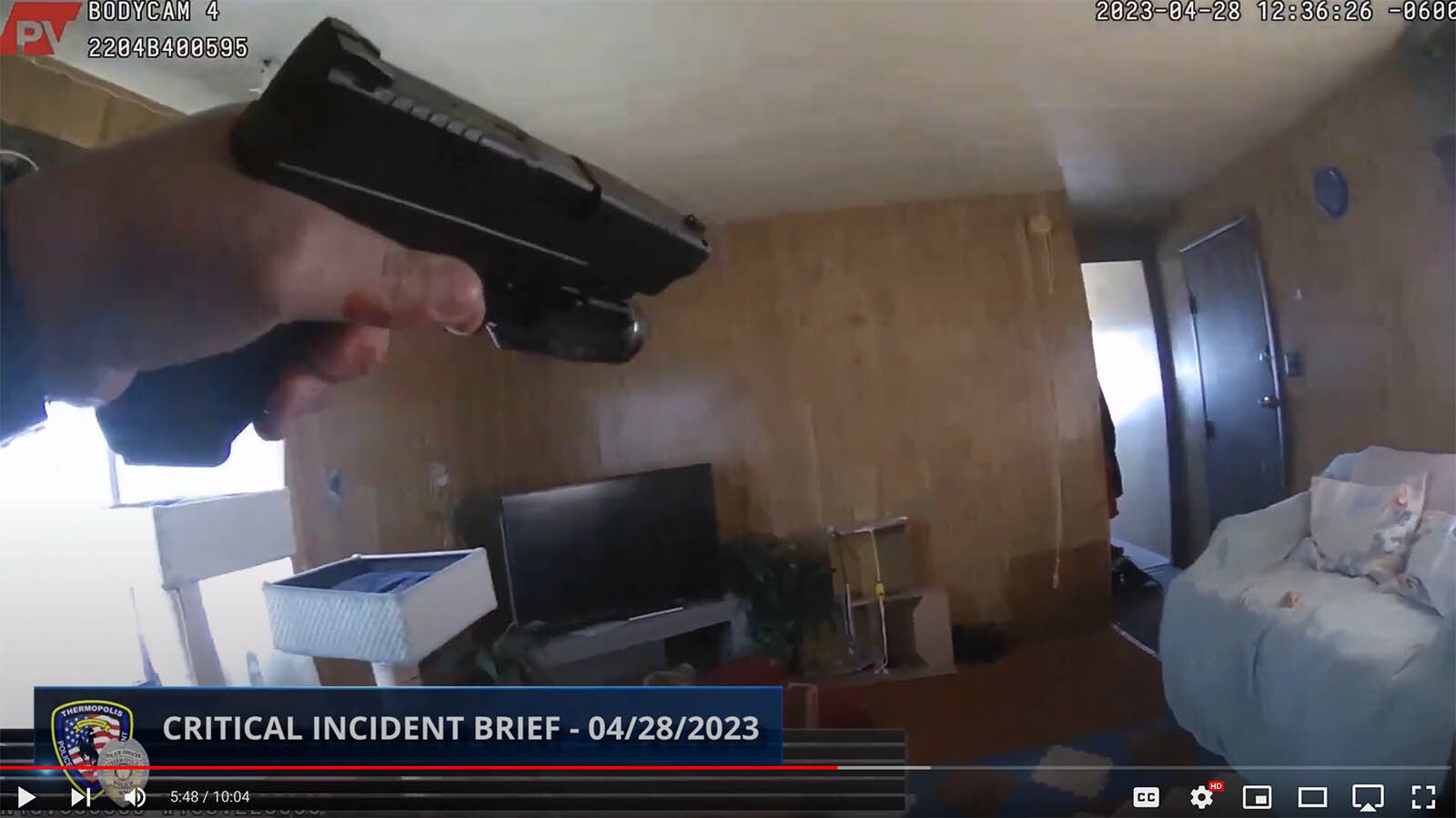In this image from body cam video, Sgt. Mike Mascorro retreats after being shot by Buck Laramore on April 28, 2023.