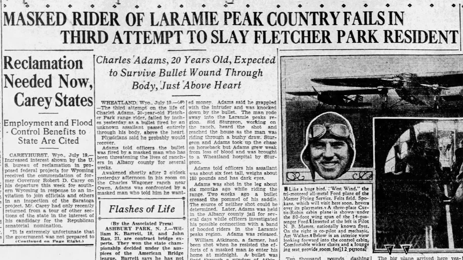 A reporter from Wheatland wrote in a special story for the Casper Daily Tribune on July 21, 1930, that Wheatland area was “on its toes” over the masked rider and the shooting of a 20-year-old cowboy.