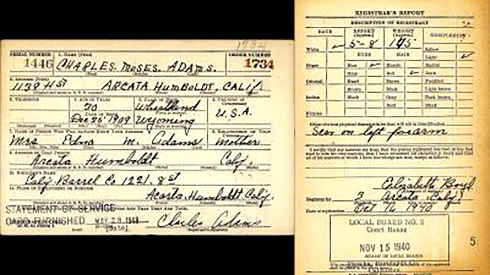 Charles Adams draft registration card filled out on Oct. 16, 1940.