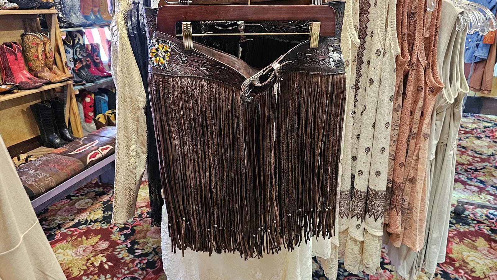 Other items for sale in the Irma Hotel's gift shop include this fringed leather skirt.