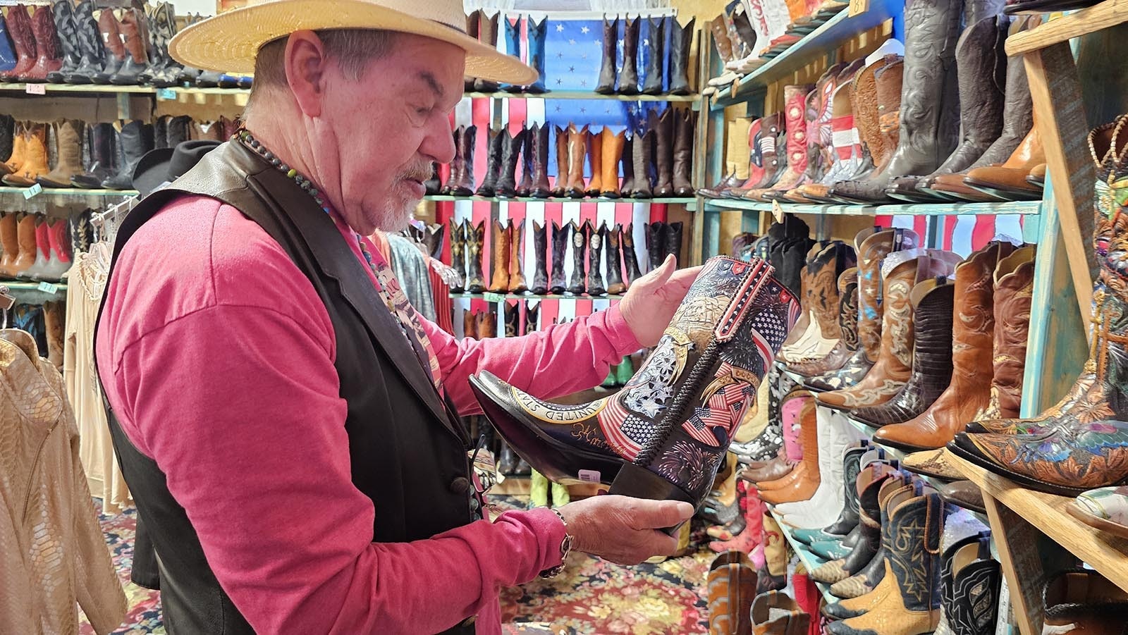 Scott Wayne Emmerich talks about making a pair of Fourth of July boots, which are available at the Irma Hotel's gift shop.