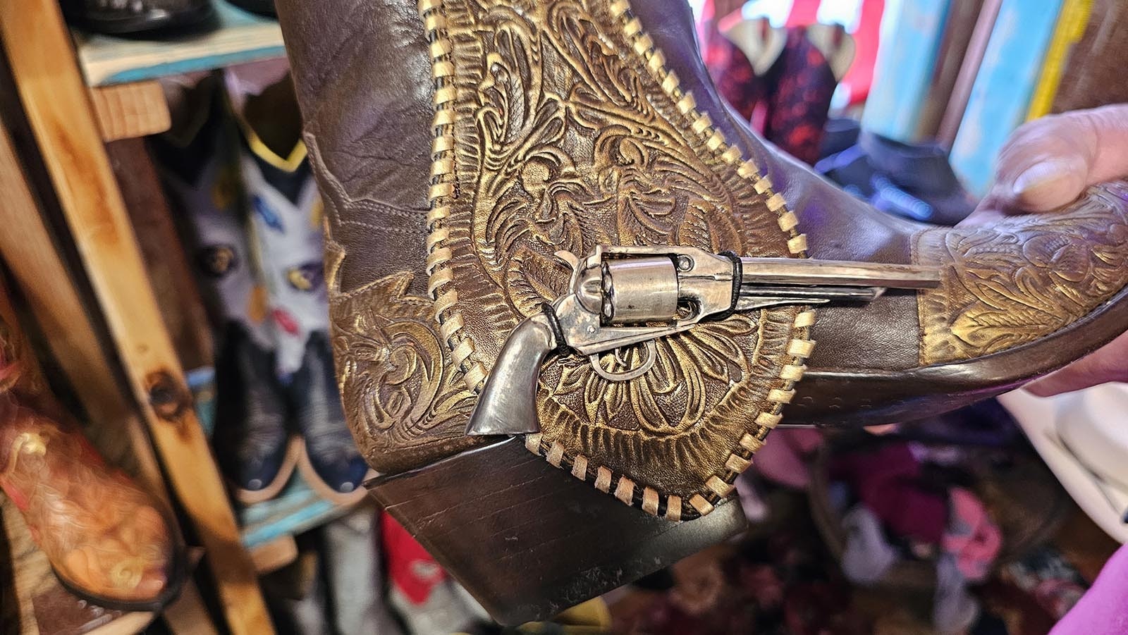 The barrel of the pistol on these boots actually turns.