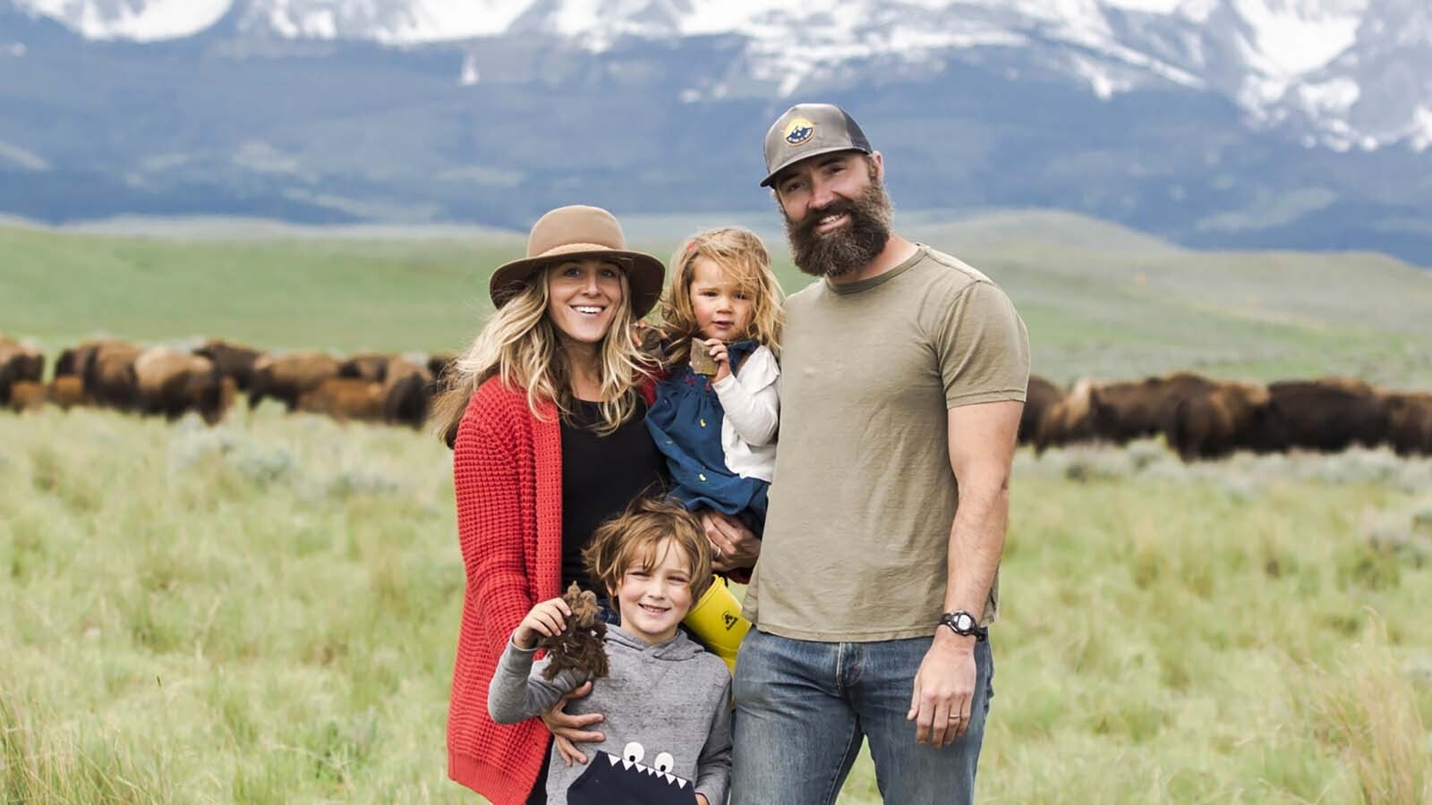 Matt and Sarah Skoglund, and their kids Otto and Greta. The kids’ favorite cut of bison meat is the heart.