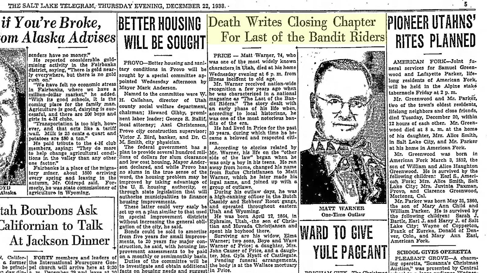 Matt Warner's obituary in the Dec. 22, 1938, issue of the Salt Lake Telegram.