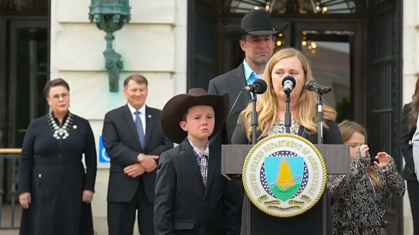 Heather Maud, joined by her husband Charles and their two young children, in Washington, D.C., on Wednesday, April 30, 2025, for a press conference announcing they are no longer being prosecuted by the U.S. Forest Service over a 75-year-old fence on their South Dakota ranch.