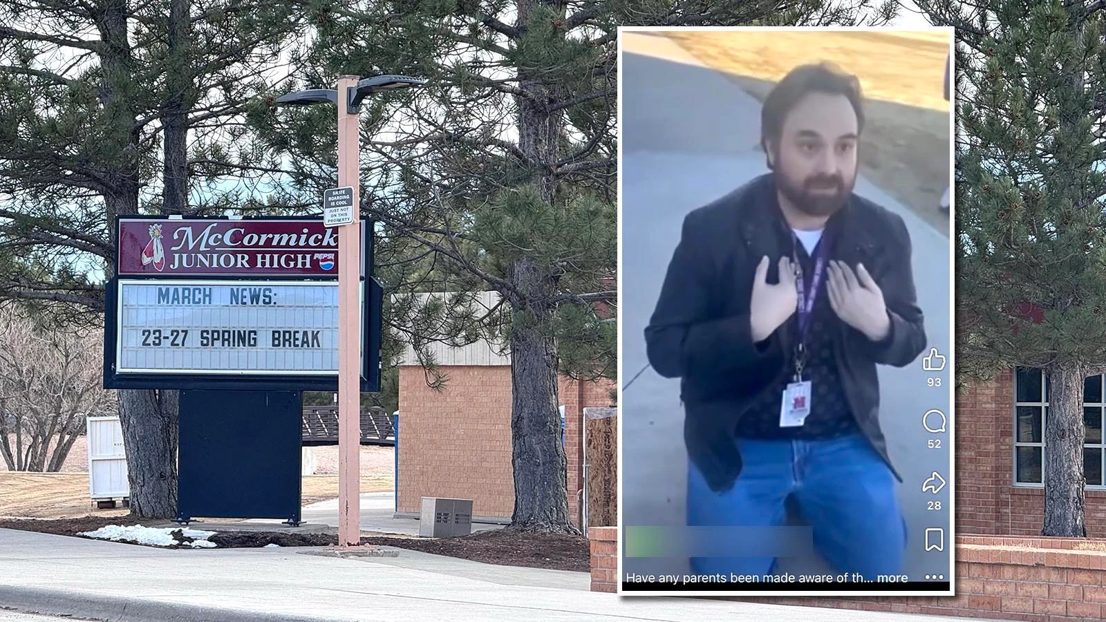 A Cheyenne junior high school teacher seen on video on his knees in front of a female student telling her that “I did something very wrong” has been removed from the classroom. Meanwhile, the district attorney’s office is reviewing the case.