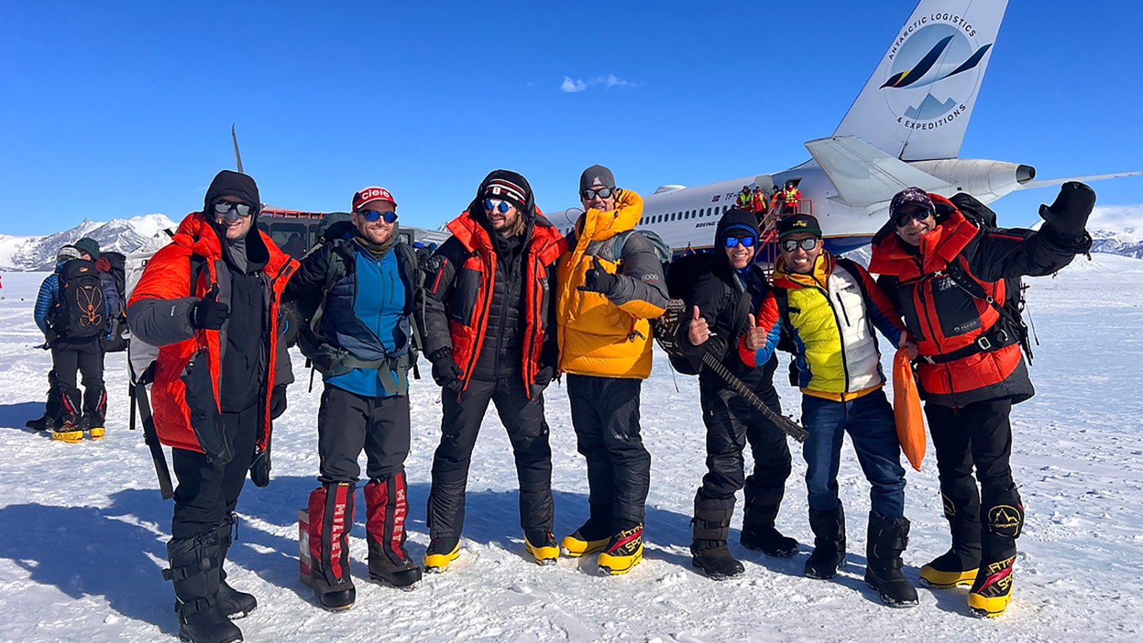 Dr. Joe McGinley, left, and the rest of the Crazy Horse climbing team upon arrival in Antarctica.