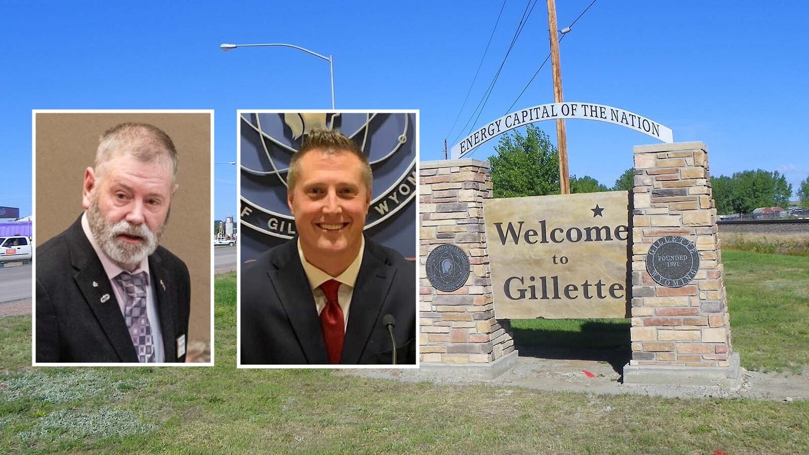 Wyoming state Sen. Troy McKeown, left, and Gillette Mayor Shay Lundvall