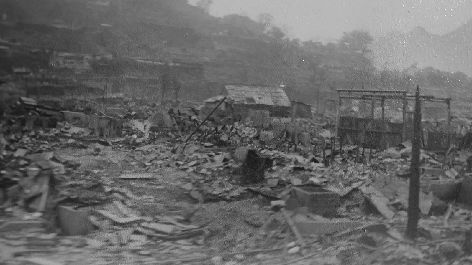 A photo in Bill McMillan’s scrapbook shows devastation. There was no information on the location.