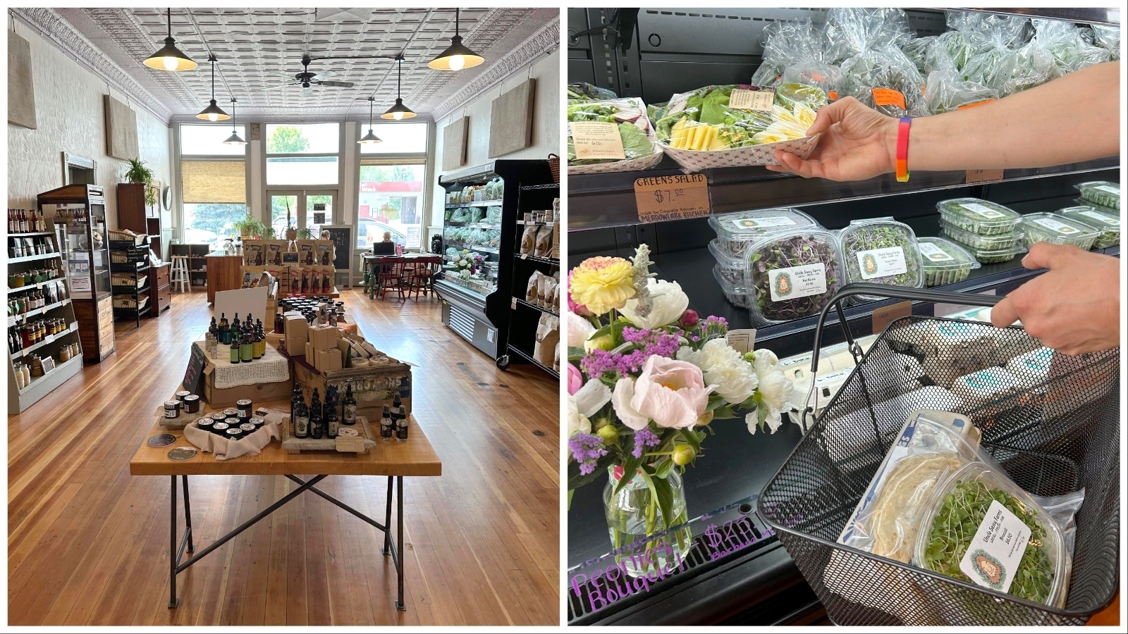 Left: Goods sold at Meadowlark Market come from around the state. Right: Meadowlark Market and Kitchen recently began offering salads made from items sold at the store.