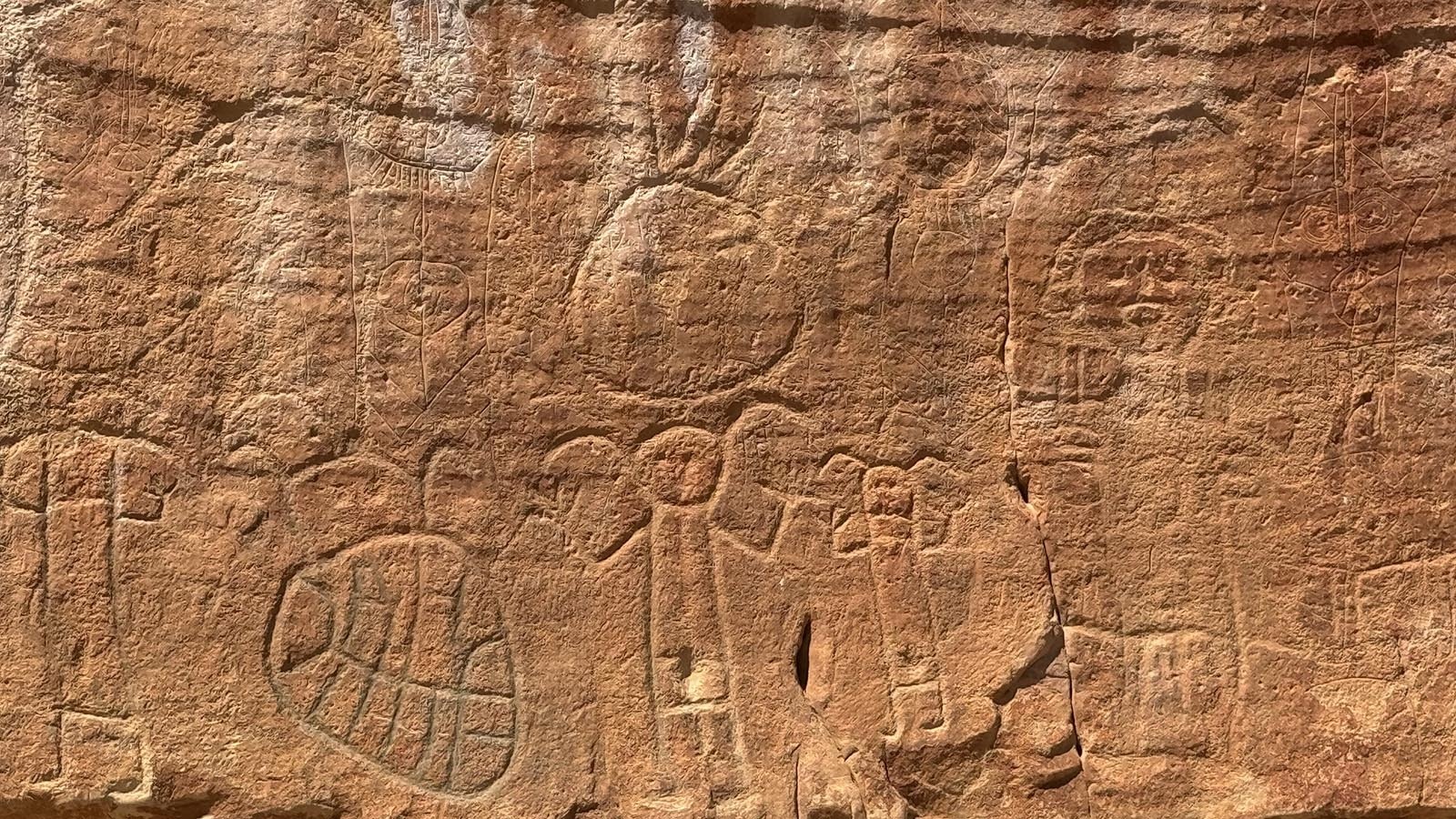 The petroglyphs of the warriors and animals that march across the sandstone cliff and is the centerpiece for the Medicine Lodge Archaeological Site.