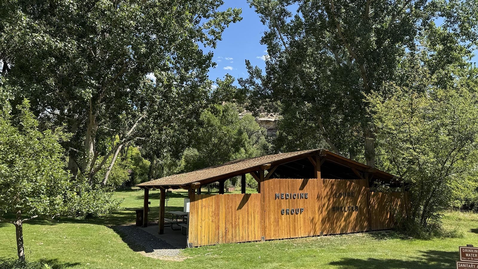 The group day-use area at Medicine Lodge Archaeological Site offers visitors a quiet get-away with a covered shelter and picnic tables.