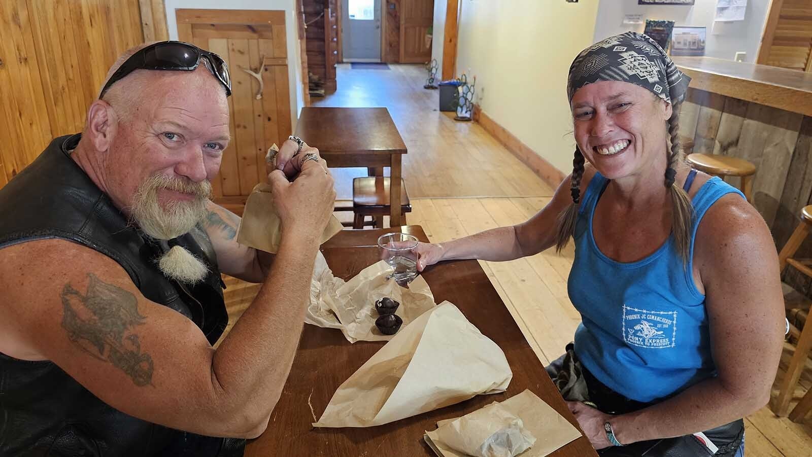 From left Rod and Shayna Weaver of Vernal, Utah, heard about the Meeteetse Chocolatier while visiting Thermopolis, and decided to stop by.