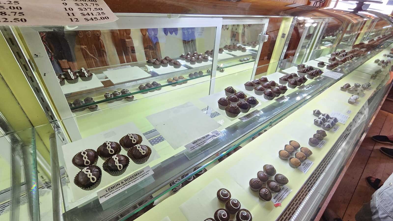 A case full of chocolates that will very quickly sell out any given Saturday.