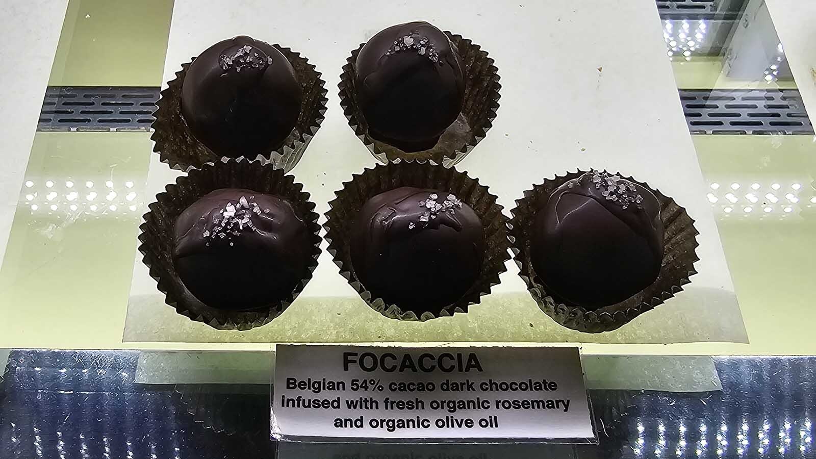 Focaccia is one of the more unique flavors Meeteetse Chocolatier offers. It has a cult following who adore the blend of rosemary, olive oil, salt and chocolate.