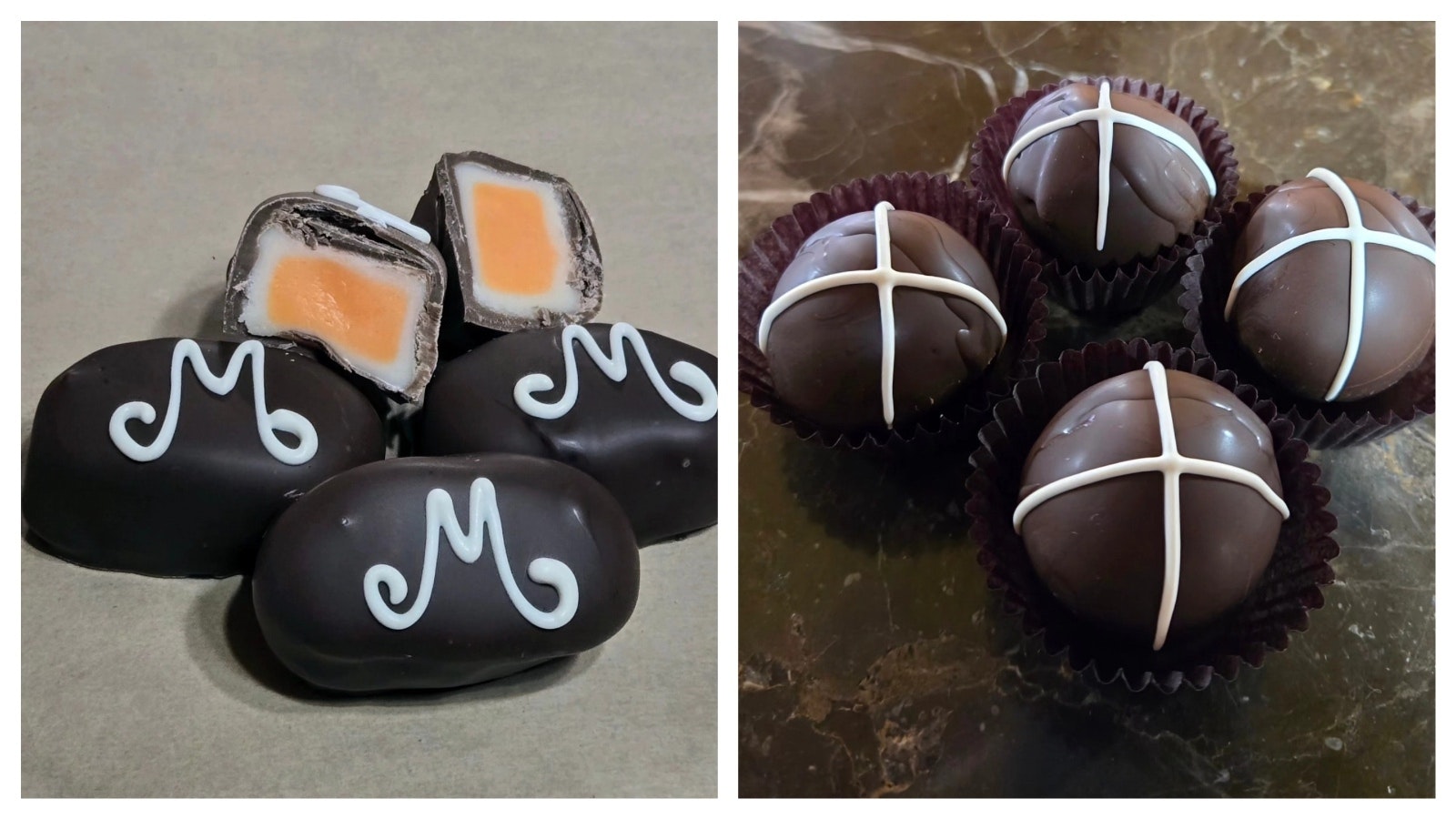 Meeteetse creme eggs, left, and hot cross bun truffles.