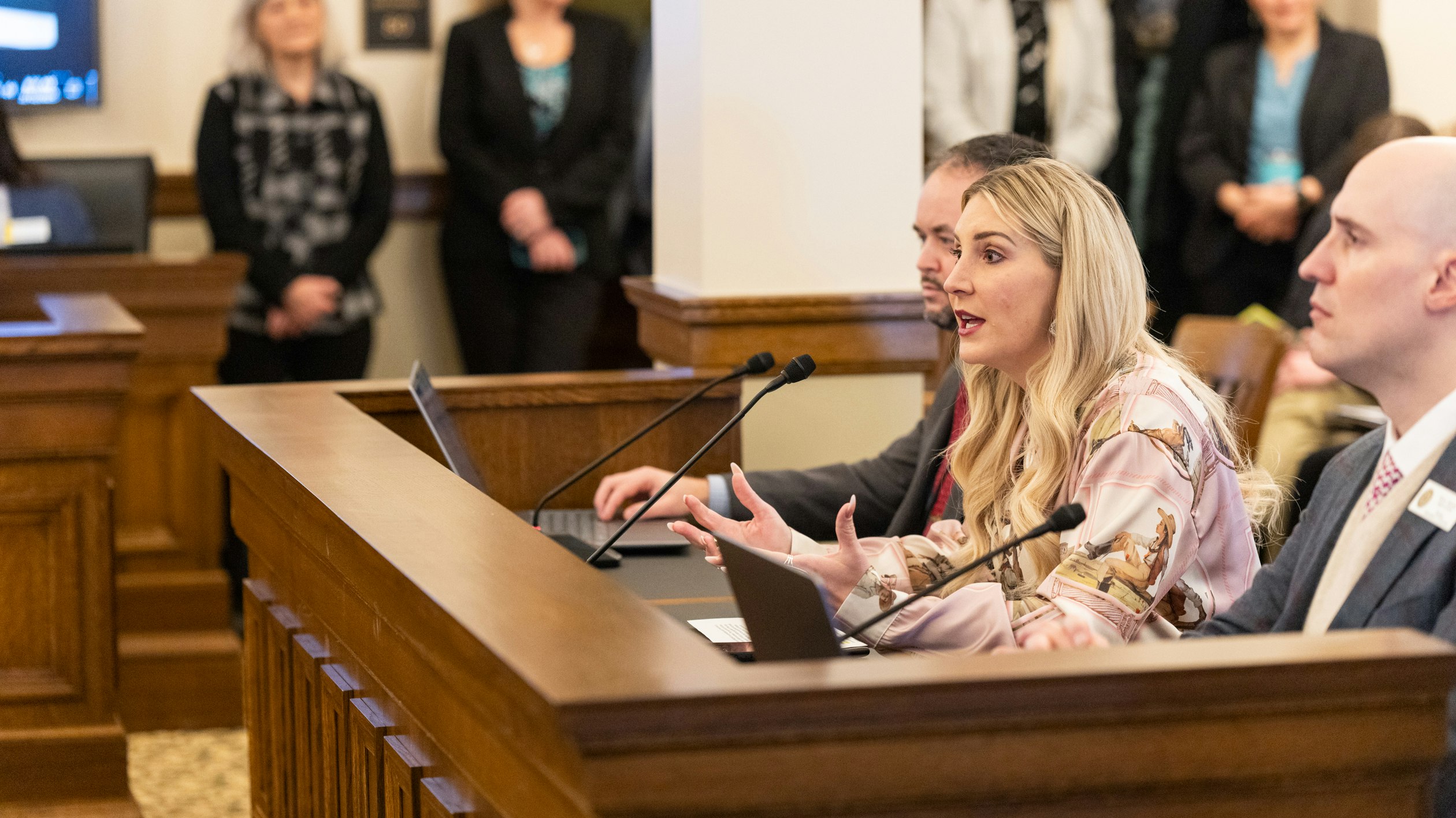 Superintendent of Public Instruction Megan Degenfelder testifies at a committee hearing during the 2025 Wyoming legislative session.