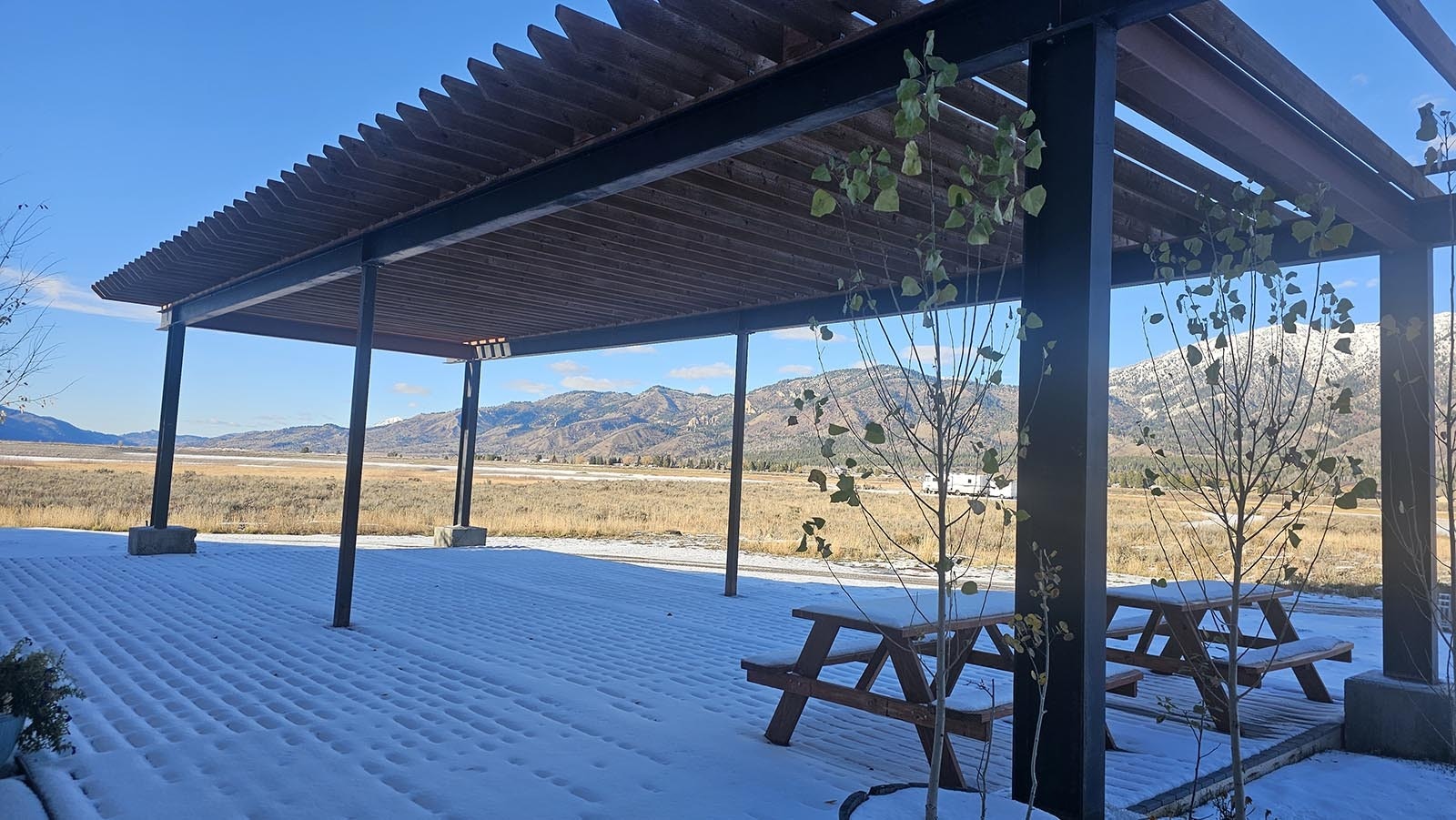 A covered patio outside is a great place to sit and watch the sunset when the weather is warmer.