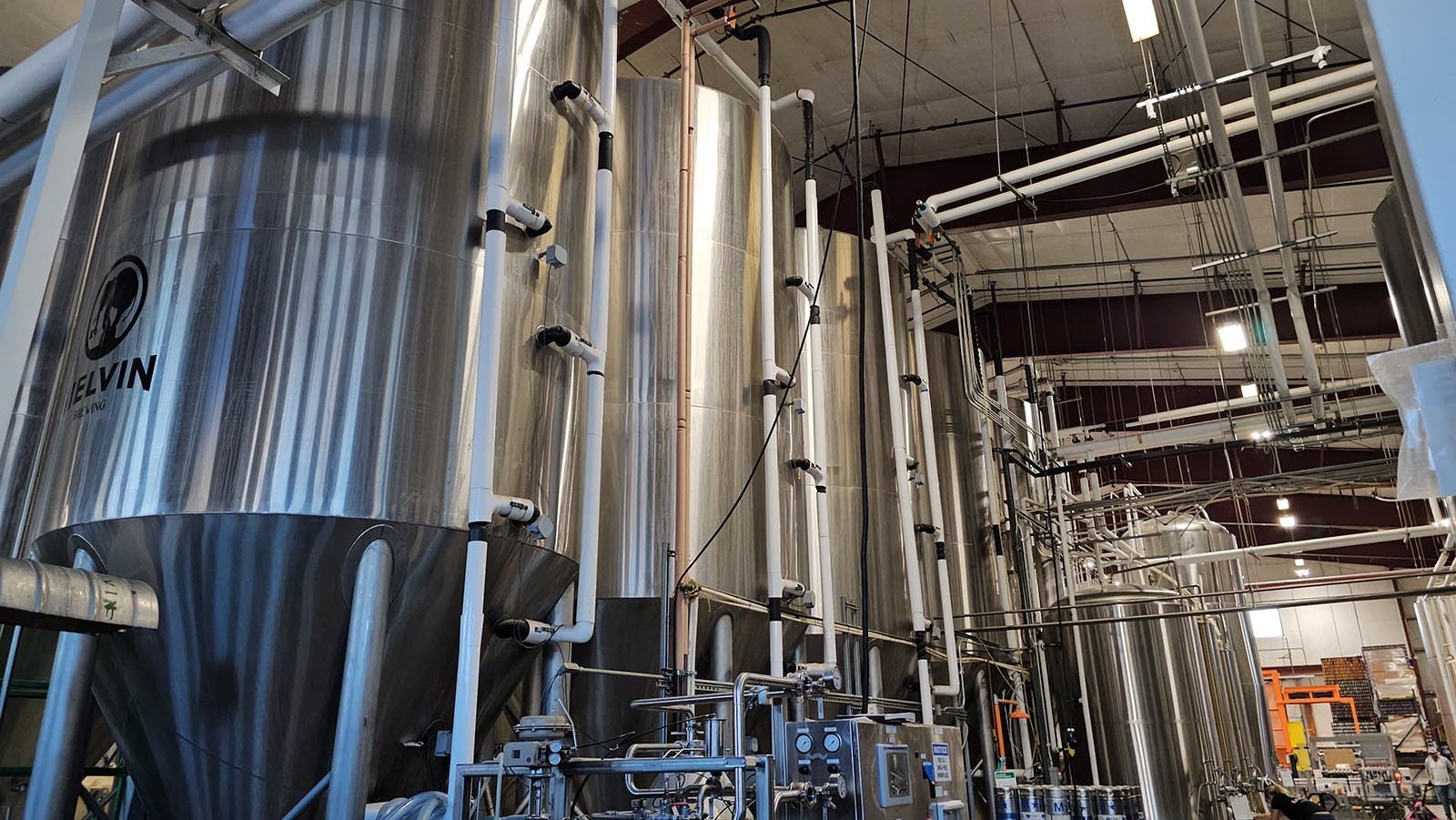 One flight deck of beer brewing tanks.