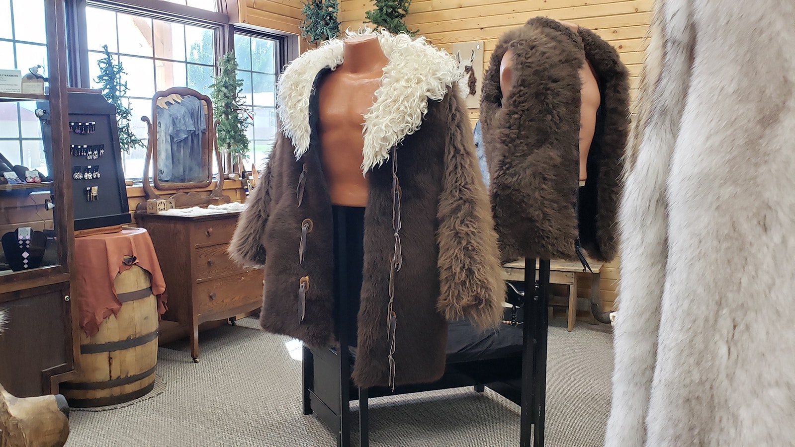 A buffalo hide jacket and vest on display at Merlin's Hide Out in Thermopolis, Wyoming.