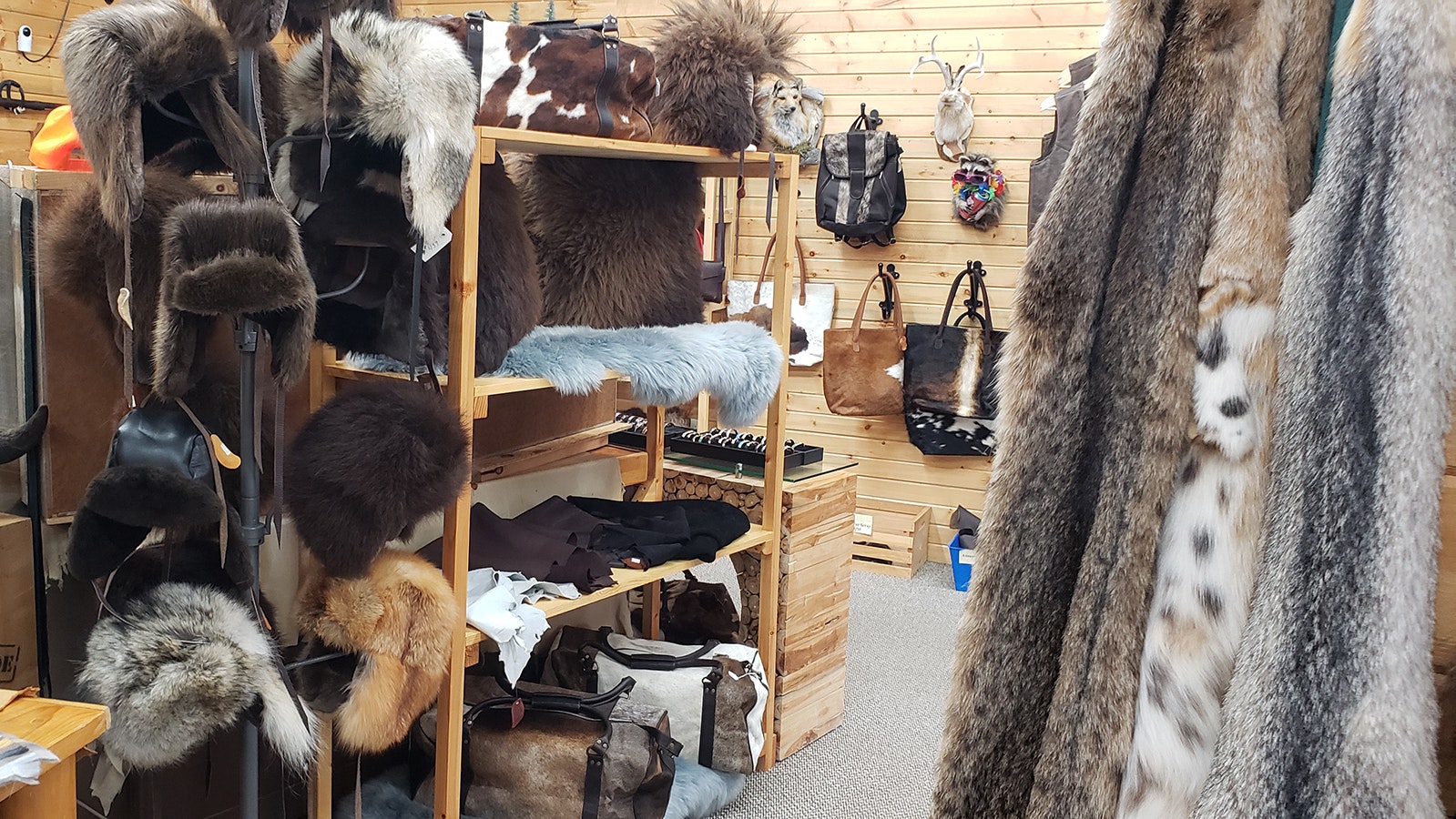 A variety of handmade fur products available at Merlin's Hide Out.