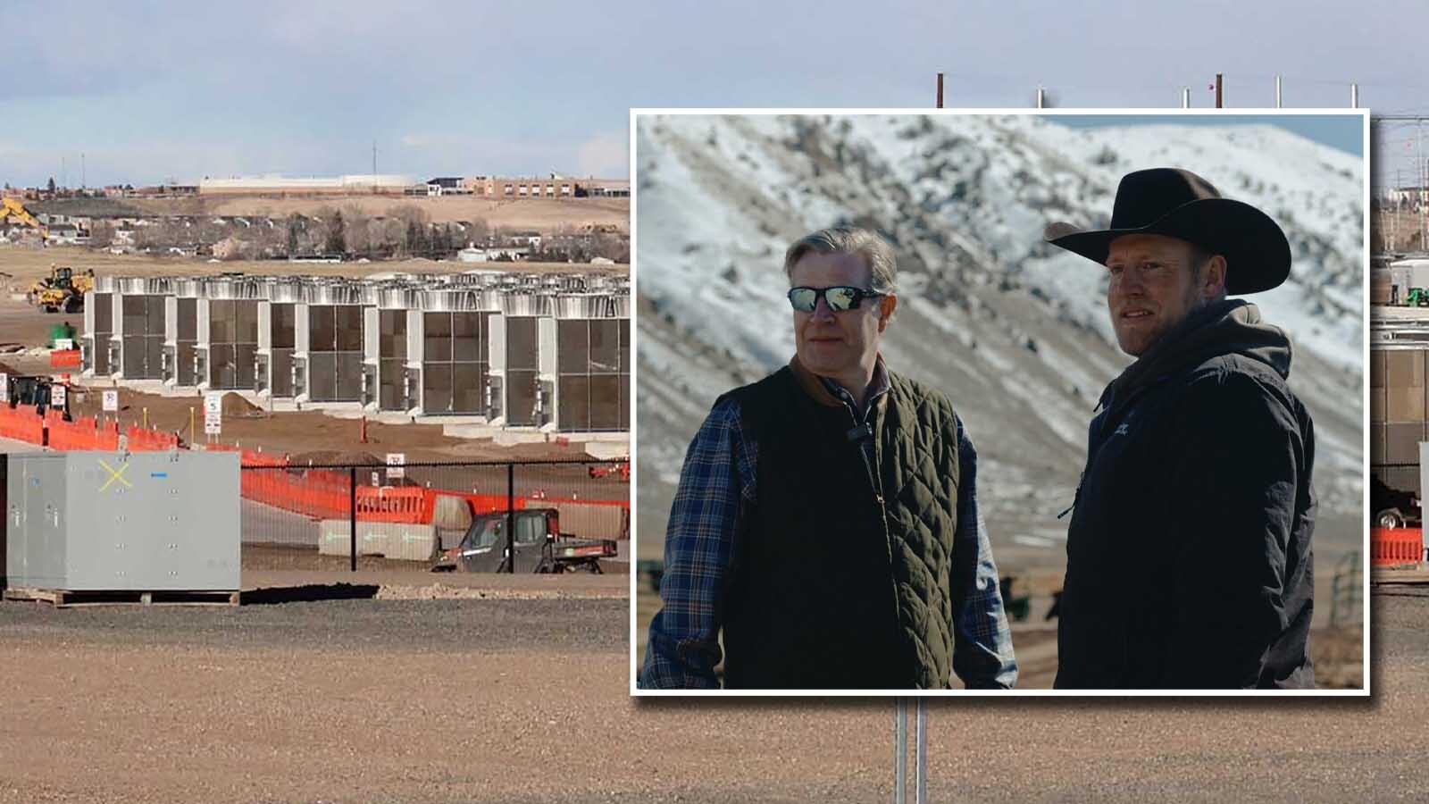 Trenton Thornock, Founder and CEO of Prometheus Hyperscale and Brady Thornock on their family’s ranch in Uinta County. In the background is Meta's huge data center under construction in Cheyenne.