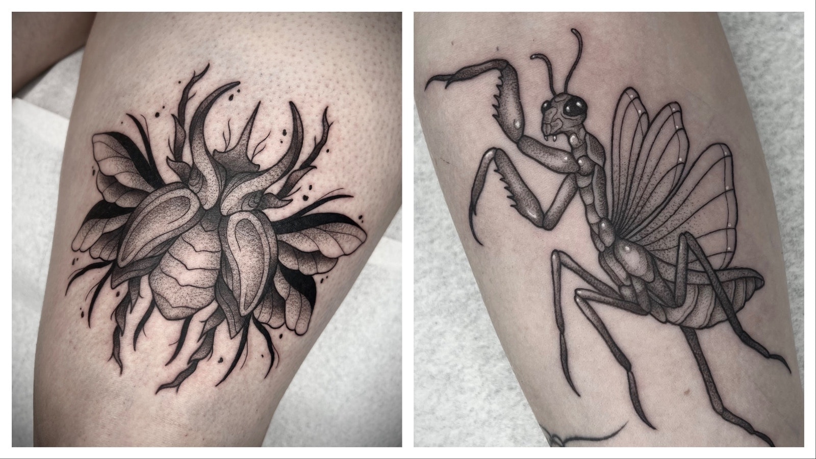 A serious looking winged insect-type creature represents more tattoo artistry by Kinzie Calvert, left. A grasshopper creature is another example.