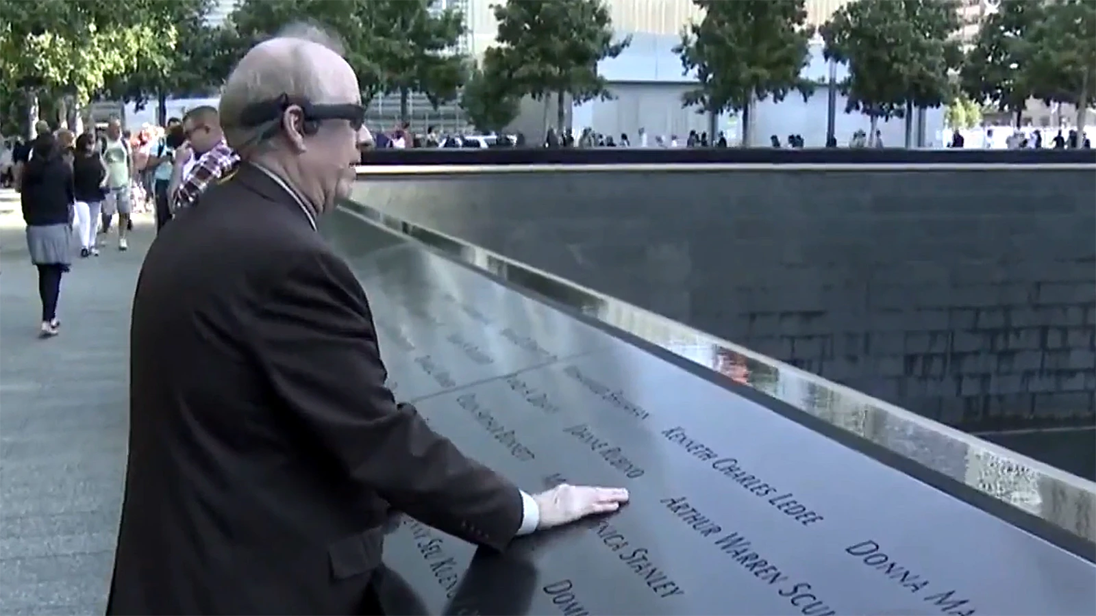 Michael Hingson at the 9/11 Memorial in New York City in 2017, his first visit to the place where once stood the Twin Towers, where he was working 78 floors up with the terrorist planes took them down.