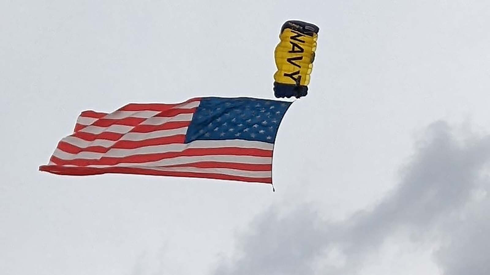 The Navy parachuter circling into the arena at Cheyenne Frontier Days struck a patriotic chord with Michael and Sandra O'Hare.