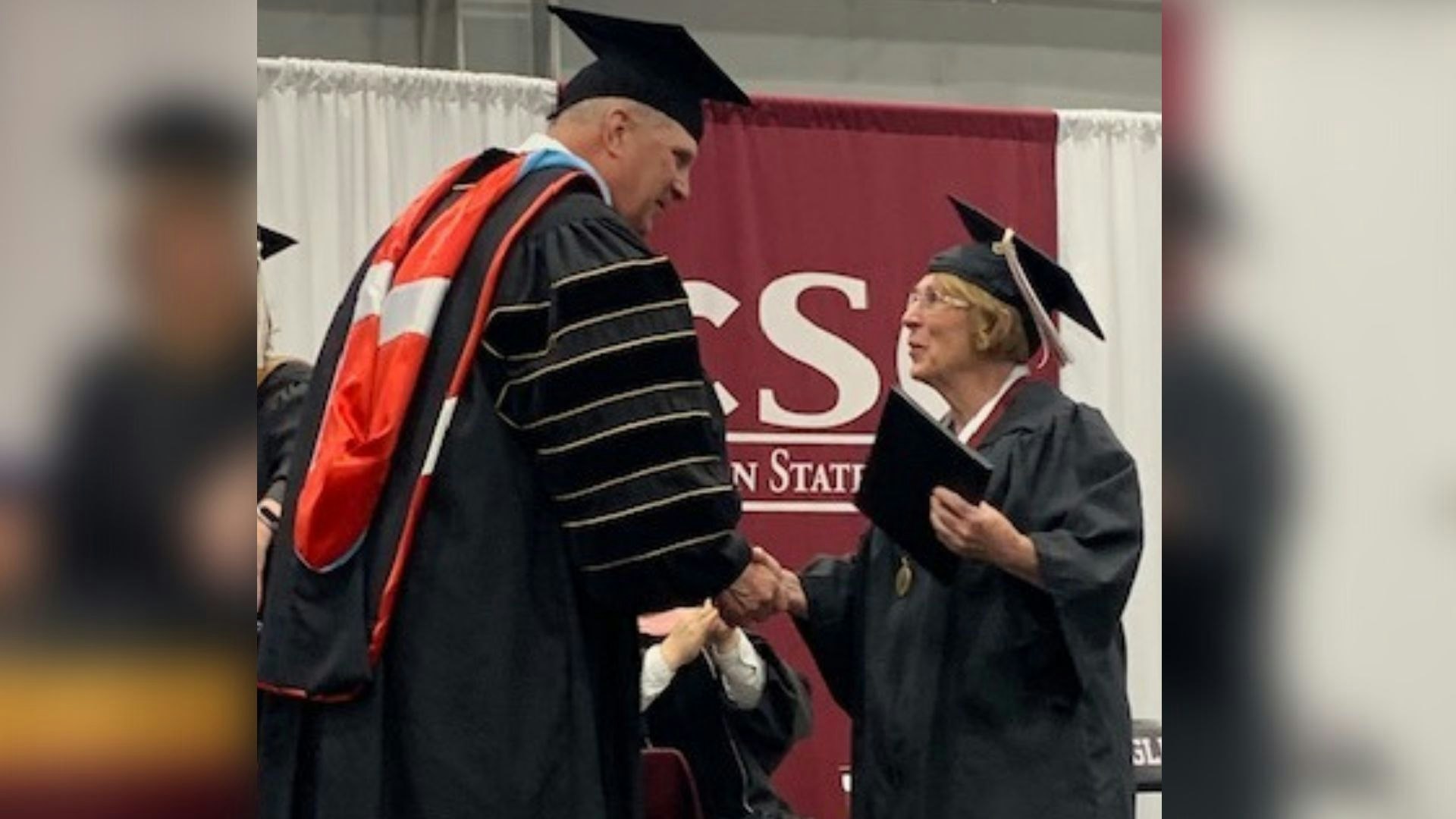 Doris "Mickey" Douglas receives her bachelor's degree from Chadron State College.