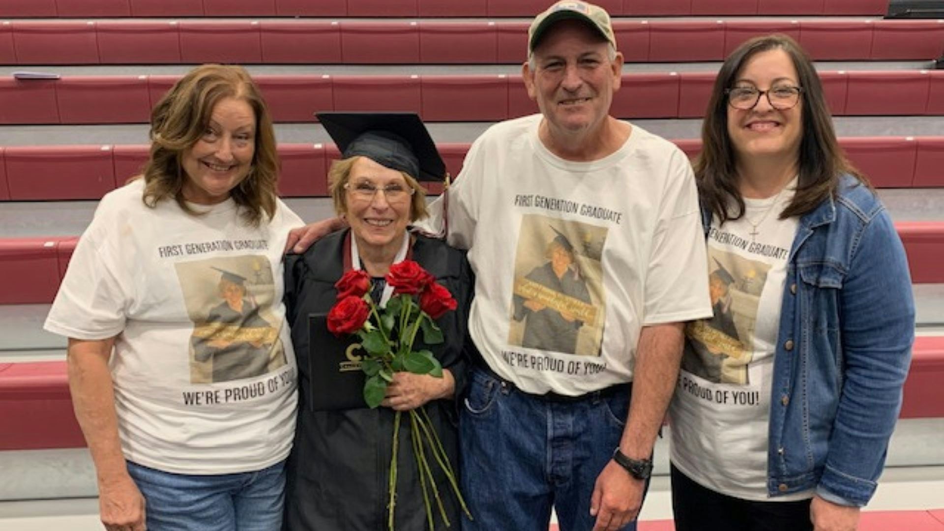 Doris "Mickey" Douglas' family wear T-shirts commemorating the 81-year-old's college graduation and that you're never too old to be a "first generation graduate."