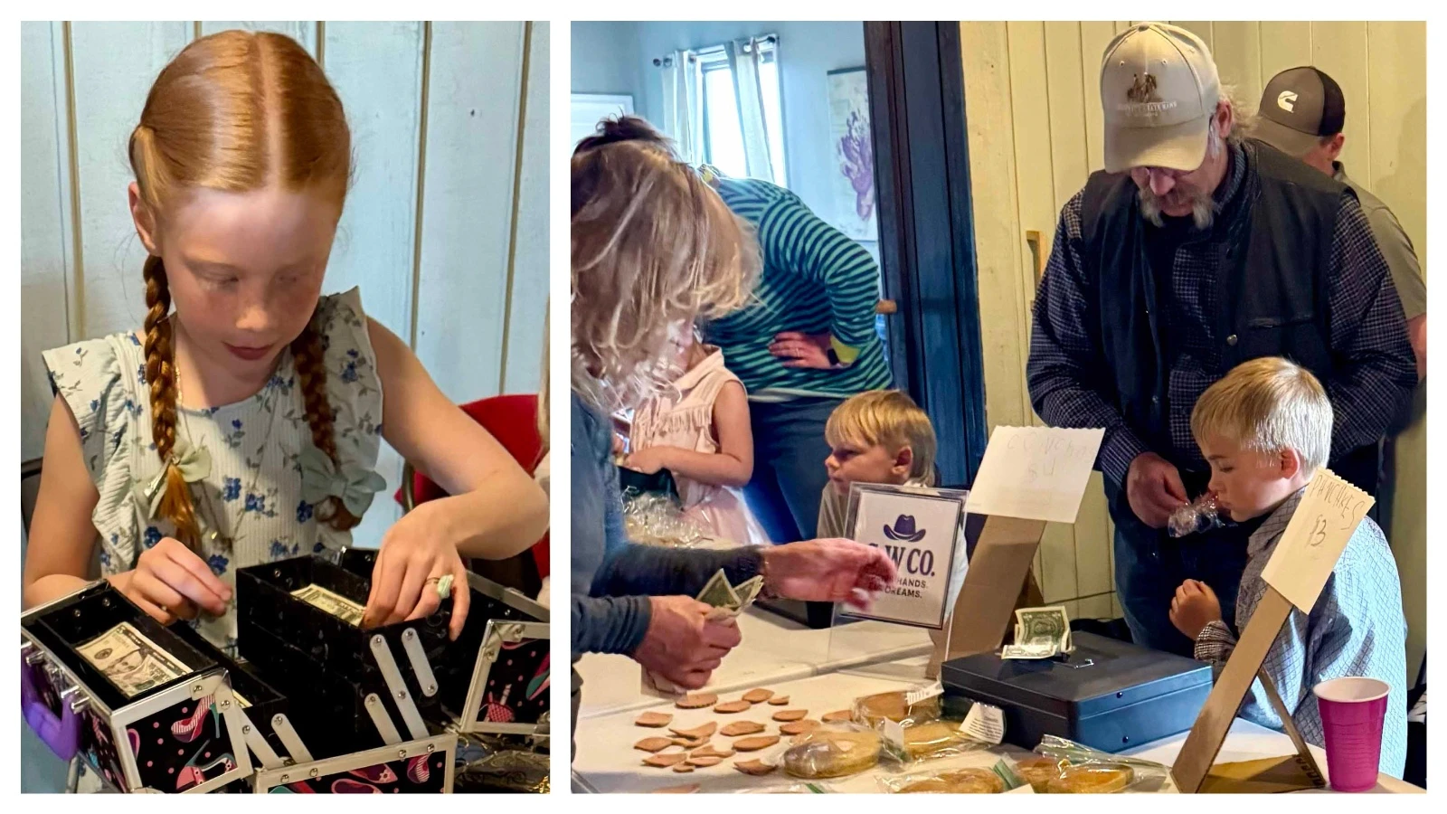 Left, Juliana Brady counts change from the sale of her Soapy Surprises. Right, Sayge Walker and father, Jason, sell his handmade leather conchos and pancakes at the business fair. 