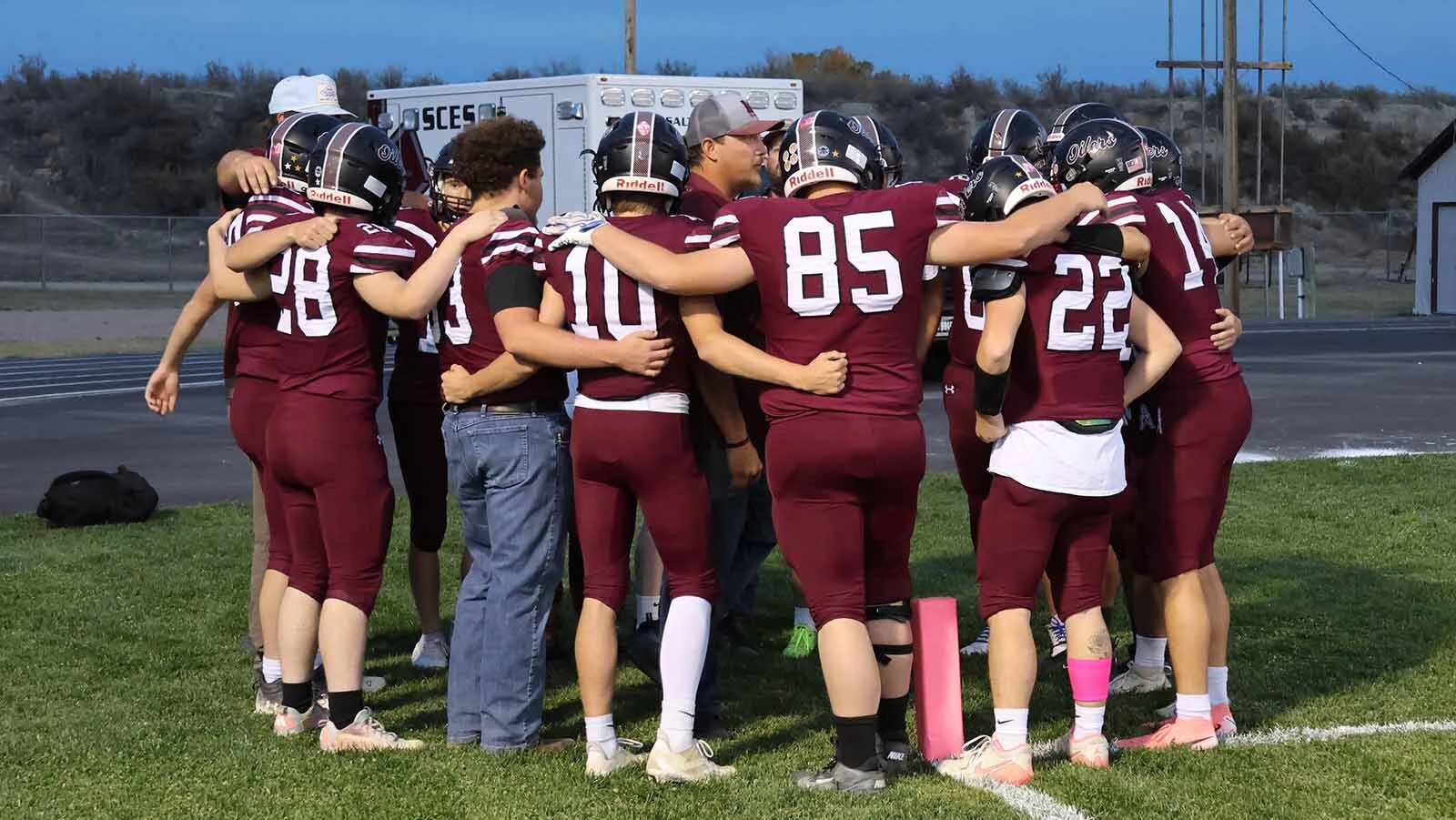 The Midwest Oilers huddle up prior to the contest with the Kelly Walsh JV squad.