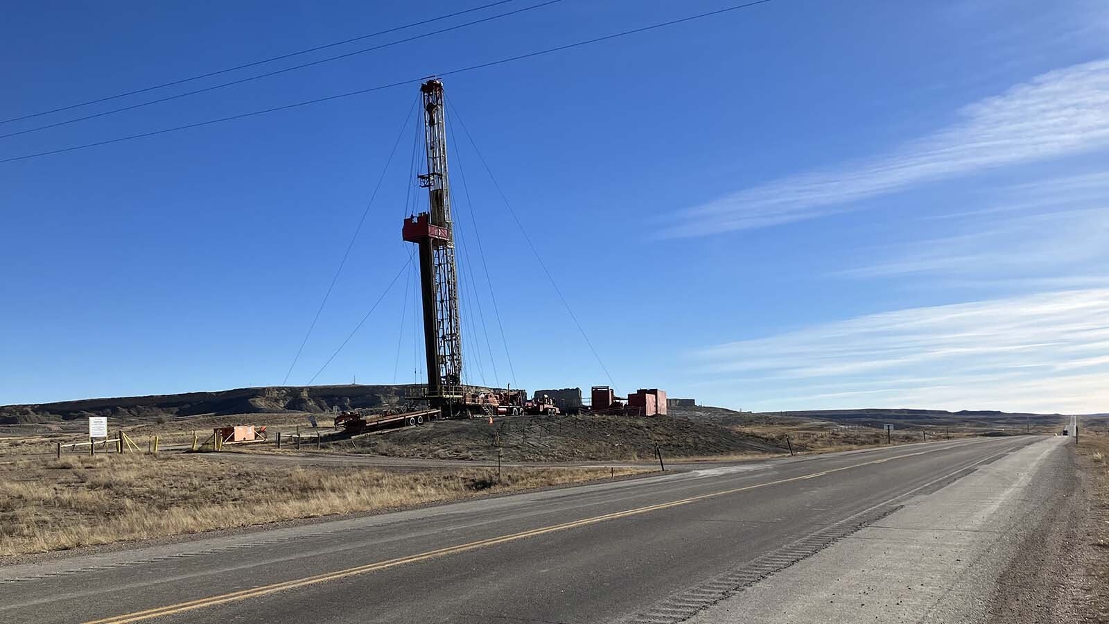 A drilling rig south of Midwest is doing repair work on one of the Salt Creek Oil Field wells.