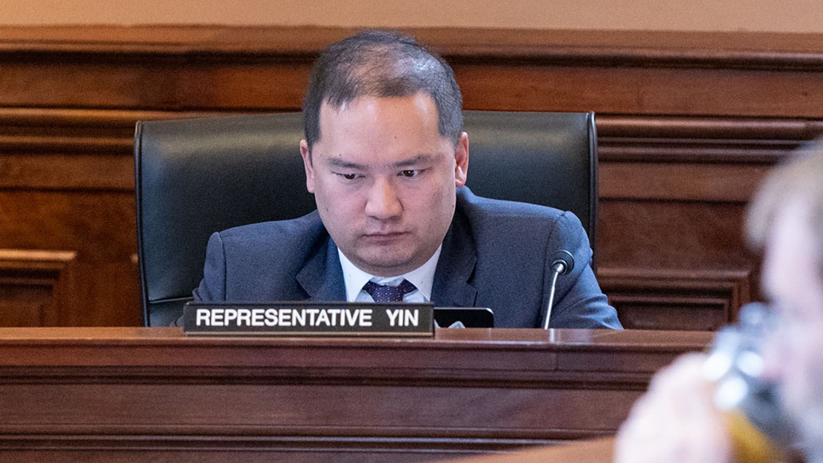 State Rep. Mike Yin, D-Jackson, during a meeting of the Legislature's Management Council on April 1, 2026, in the Historic Supreme Court Chamber at the Wyoming State Capitol in Cheyenne.