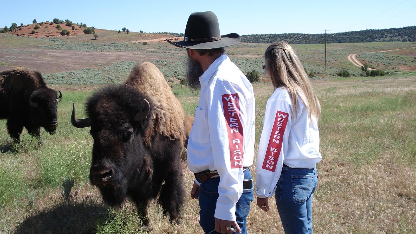 Michael and Kathleen Gear with Pia, a bison cow they found as an orphn when she was a calf.