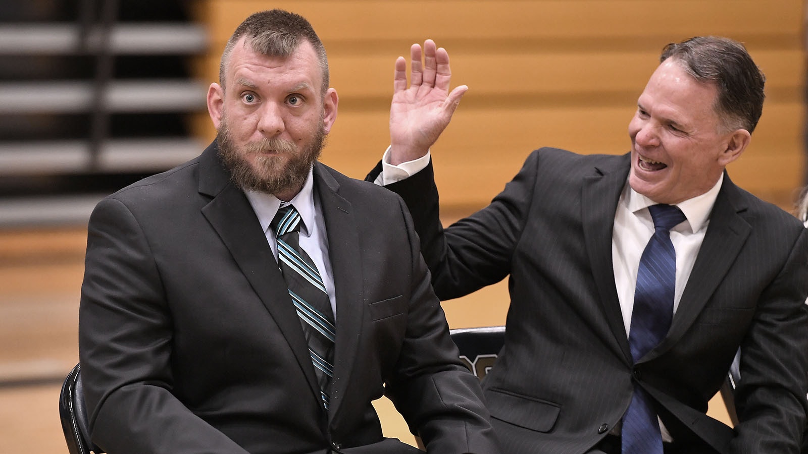 It's hard to surprise the principal, but Nathan Tedjeske, principal of Cody High School, is shocked to hear that he is the recipient of a 2023-24 Wyoming Milken Educator Award and $25,000. Park County School District 6 Superintendent Vernon Orndorff looks on with excitement and pride.