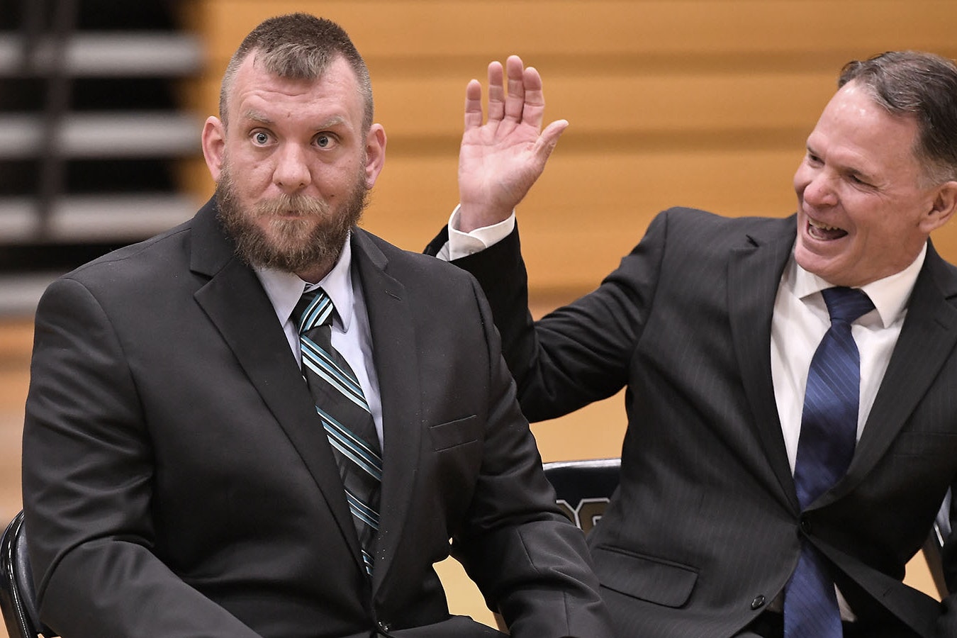 It's hard to surprise the principal, but Nathan Tedjeske, principal of Cody High School, is shocked to hear that he is the recipient of a 2023-24 Wyoming Milken Educator Award and $25,000. Park County School District 6 Superintendent Vernon Orndorff looks on with excitement and pride.