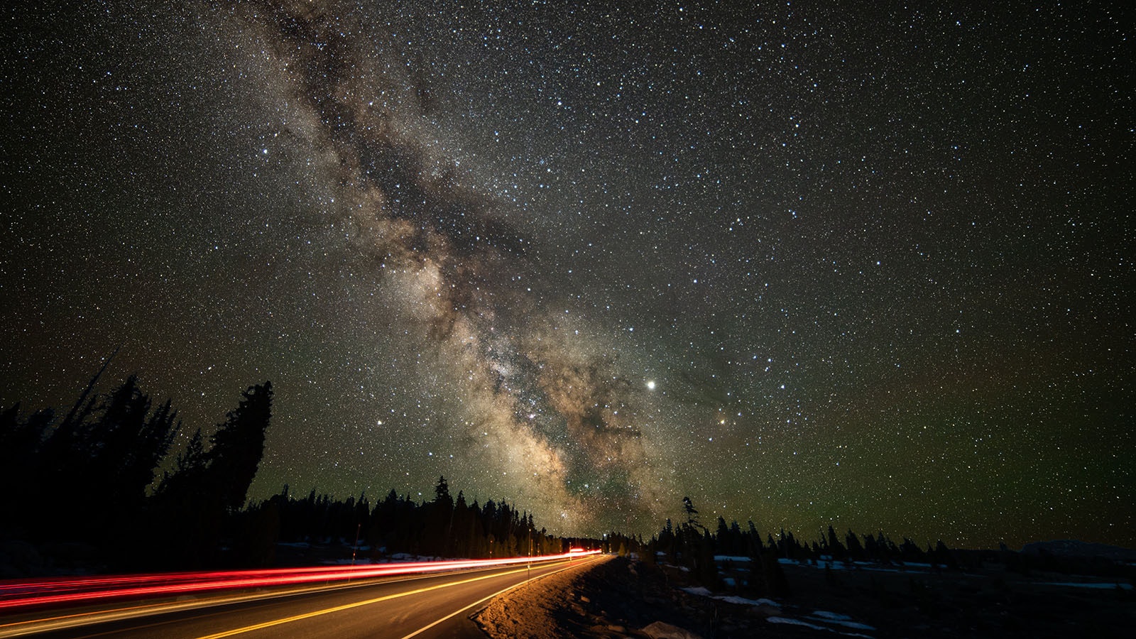 The Milky Way Galaxy as seen in the pristine night skies over Wyoming. This photo is a time-lapse image taken along the Beartooth Highway.