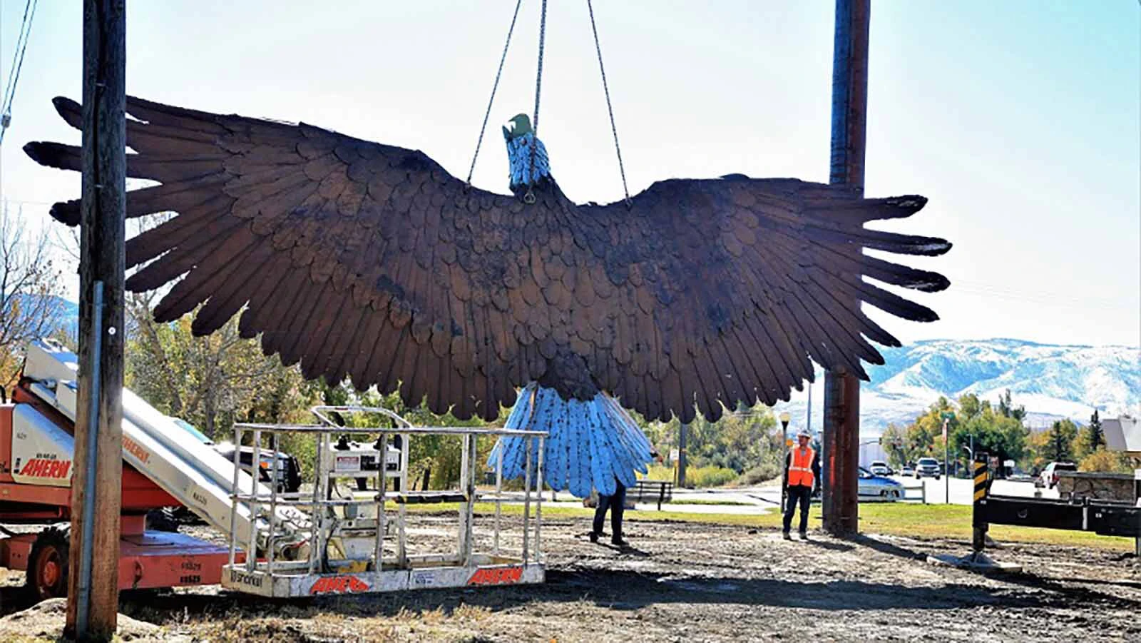 The sculpture, with a 48-foot wingspan, was hauled to Wyoming from Kalispell, Montana, after Casper businessman Rick Bonander spotted it for sale.