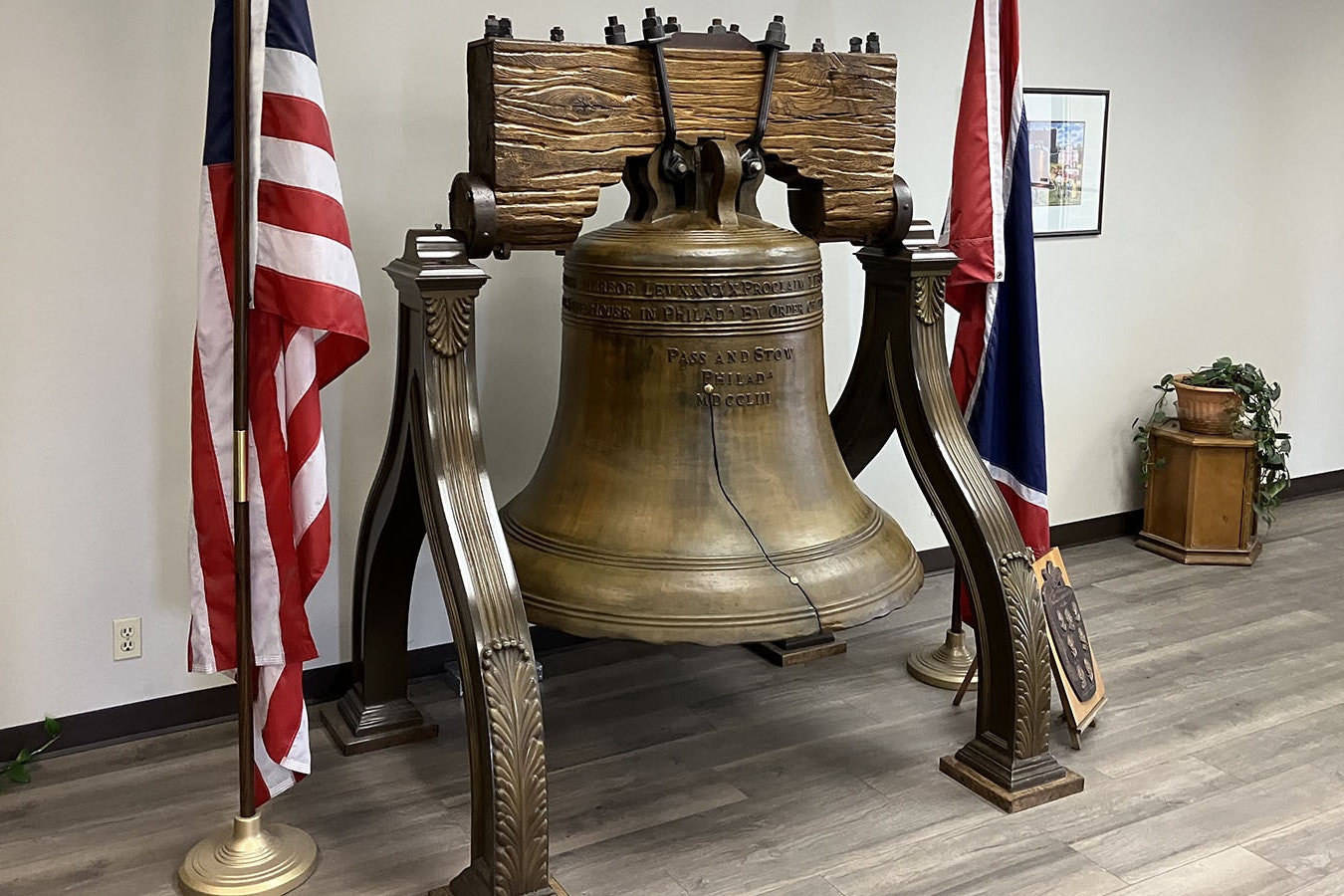 An exact replica of the Liberty Bell that rests in Independence Hall in Philadephia can be found in a Mills foundry’s lobby.