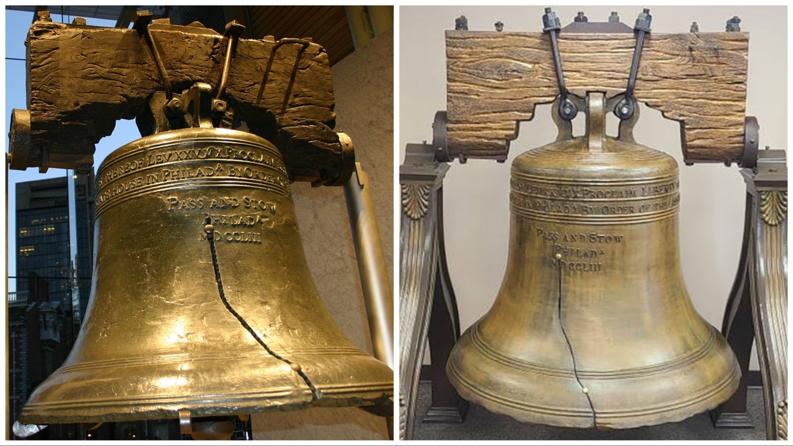 At left, the real Liberty Bell in front of Independence Hall in Philadelphia, Pennsylvania, and at right, the replica in the lobby of Excel Inc. in Mills, Wyoming.
