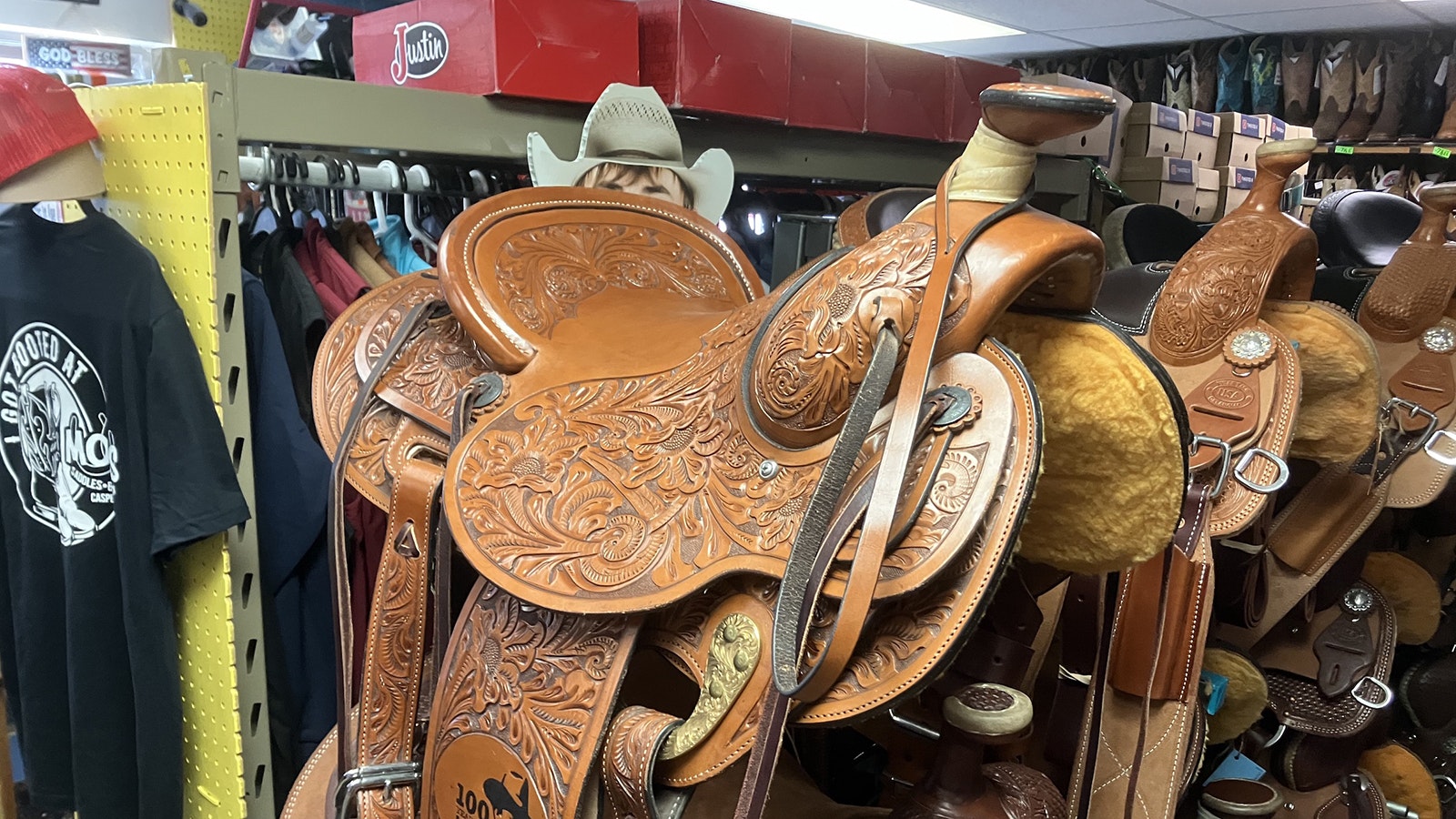 The store offers a commemorative John Wayne saddle that the owners are ready to sell.