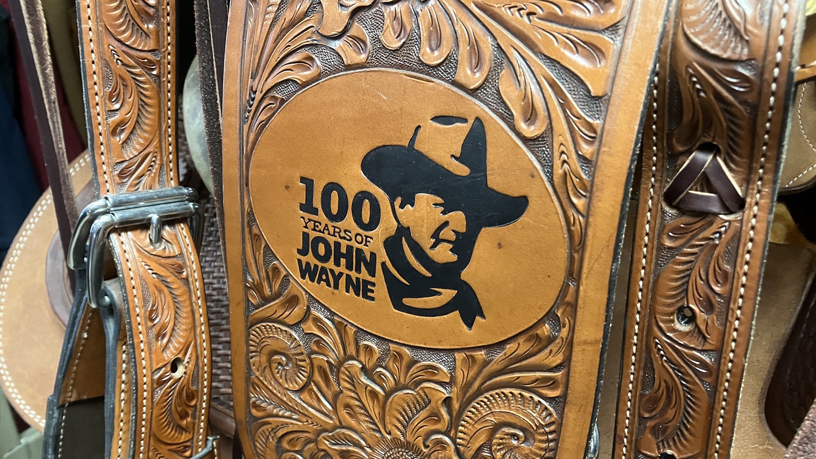 The John Wayne saddle was specially designed and features his image to celebrate “100 Years of John Wayne”.