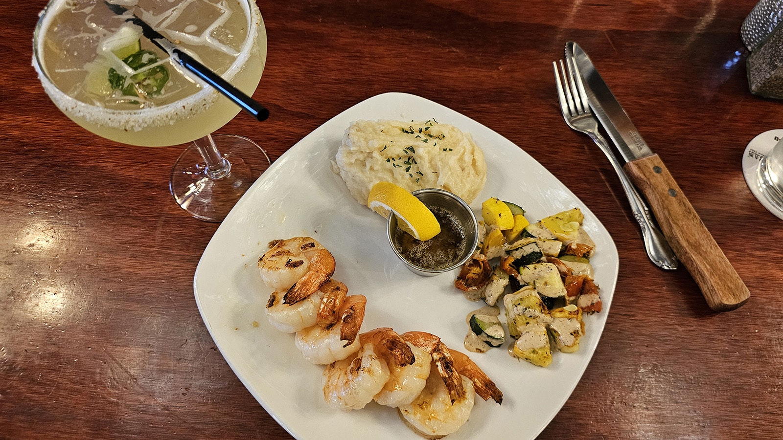 The spicy margarita goes well with the shrimp dinner.