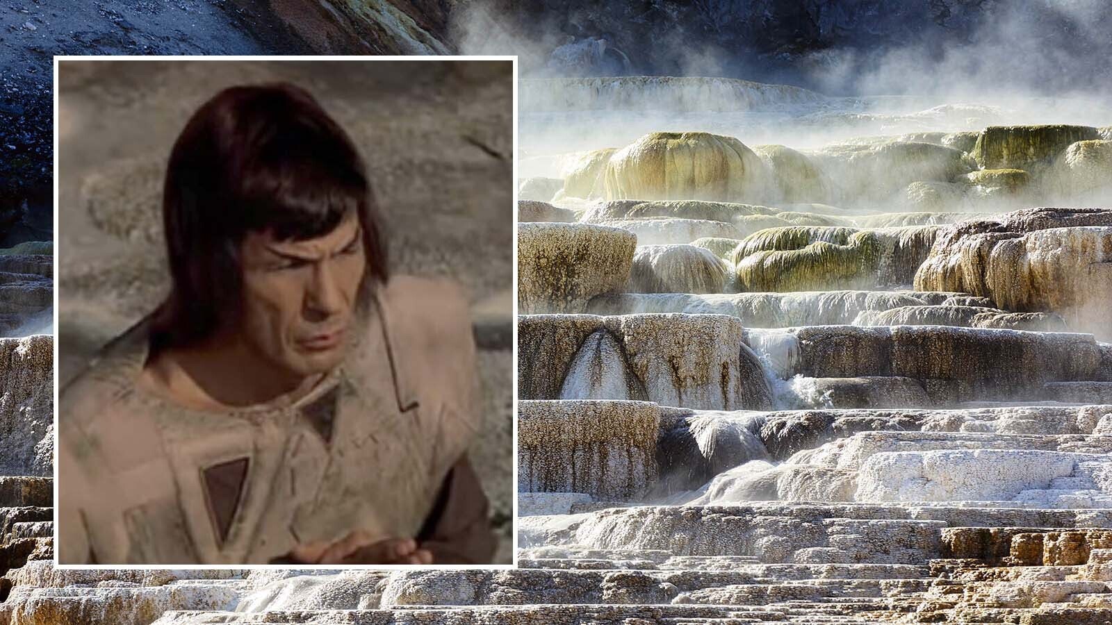 Leonard Nimoy, dressed as "Star Trek's" Mr. Spock, at Minerva Terrace in Yellowstone National Park. Nimoy and an 11-person production unit from Paramount Pictures did a three-day shoot at Mammoth Hot Springs for "Star Trek: the Motion Picture," using the unearthly personality of the real-life Minerva Terrace as a substitute for the alien planet Vulcan.