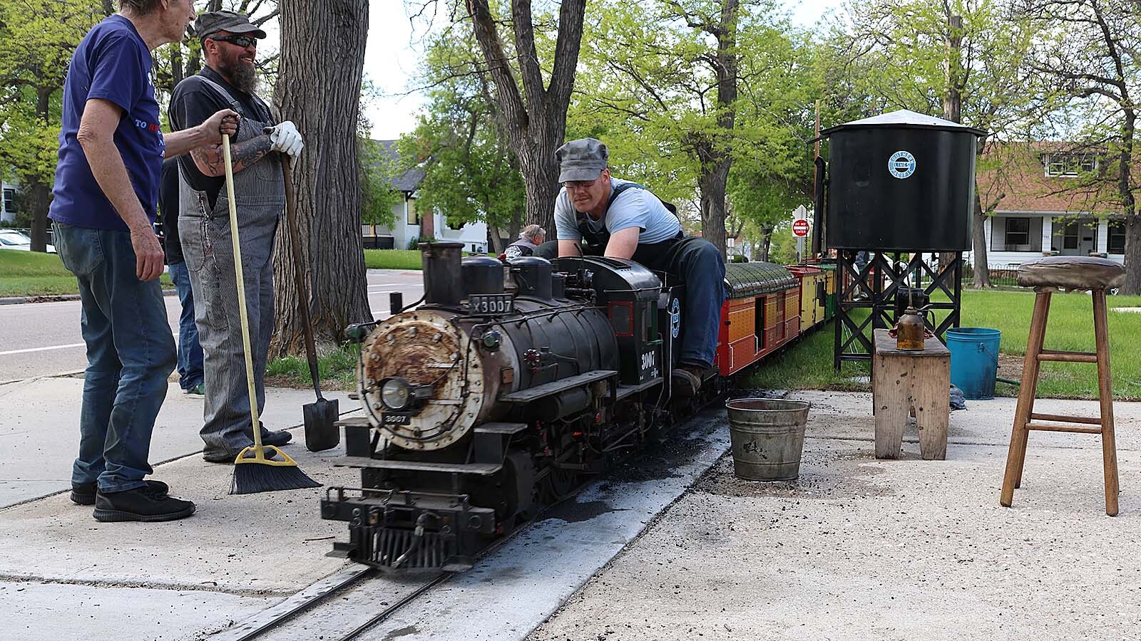 Plans call for Chuck Eckerson’s railroad to run on Sundays through the summer. Here Brent Eckerson is at the controls.
