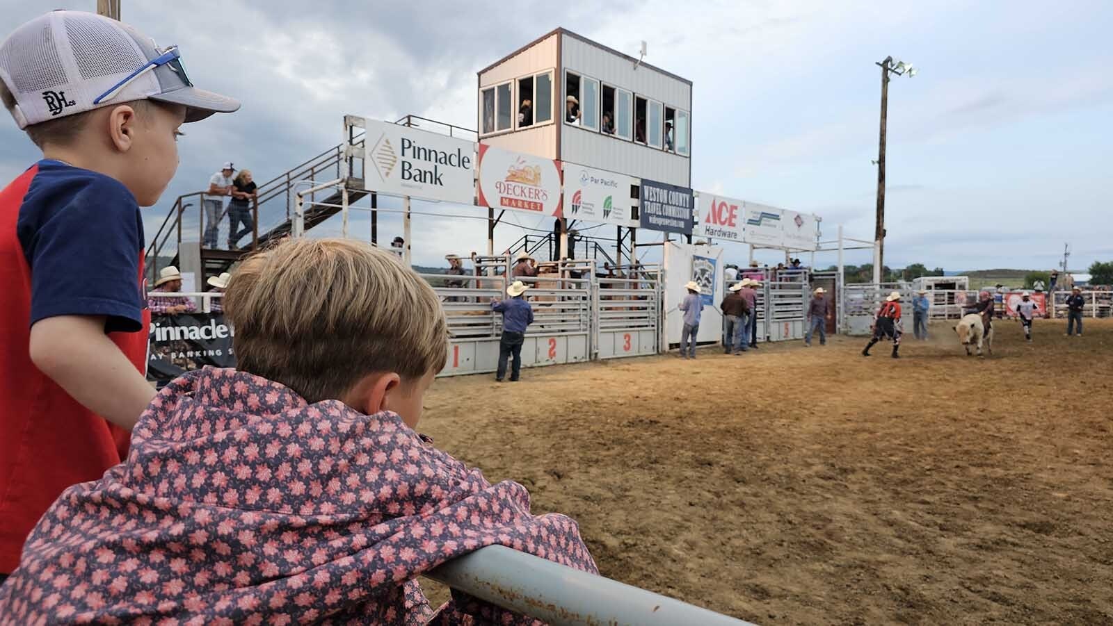 Korbyn Smith and Chase Heinrich watching a bucking bull during a miniature roughstock rodeo in Newcastle during the Weston County Fair.
