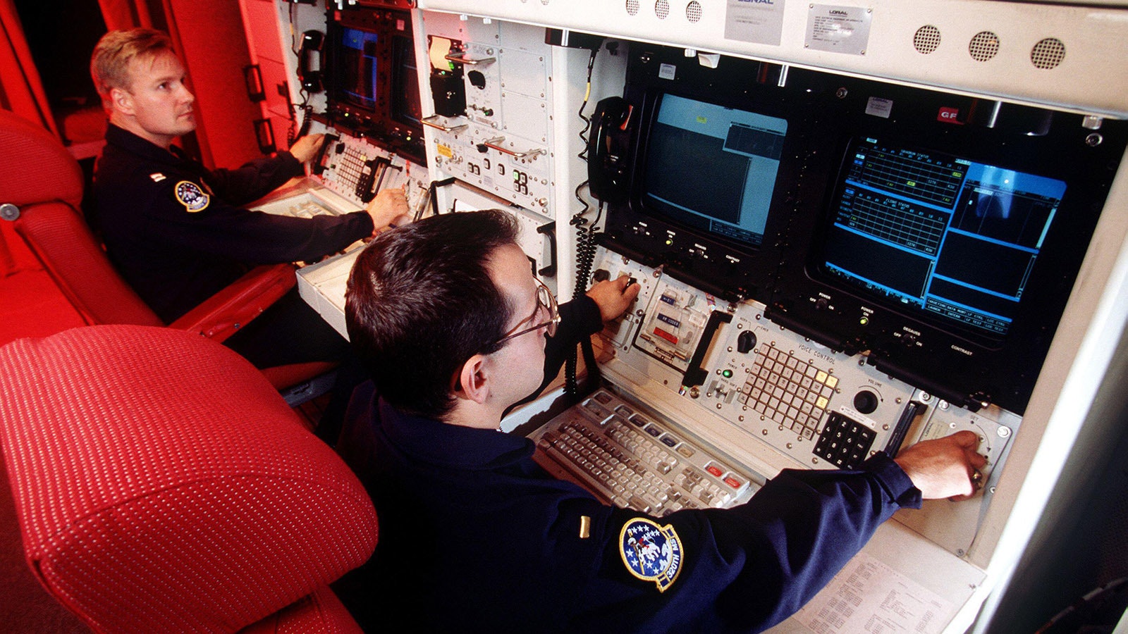 A missile combat crew simulates the launch of a Minuteman III missile at F.E. Warrant Air Force Base inWyoming.