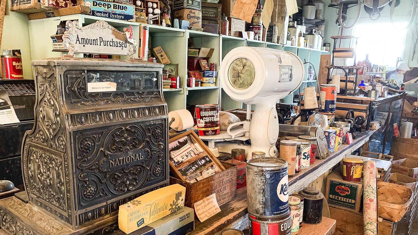 Items that belong in an old general store are packed into this area at the Miracle of America Museum in Polson, Montana.